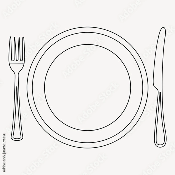Fototapeta Simple line drawing of plate fork and knife
