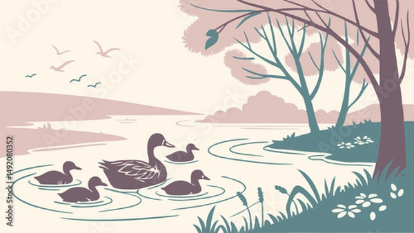Fototapeta Retro Illustration of Mother Duck and Four Ducklings Swimming in a Peaceful River Landscape