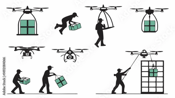 Fototapeta Drone Delivery and Logistics with People Handling Packages Silhouette Vector Set