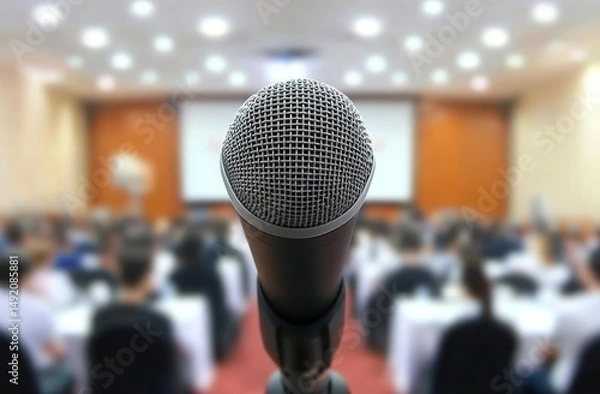 Fototapeta Focused microphone in a conference room