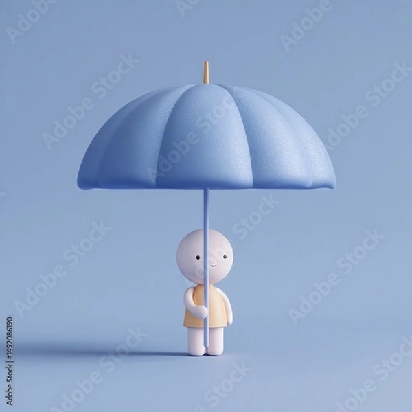 Fototapeta A minimalist character holding a blue umbrella against a soft blue background, evoking calmness