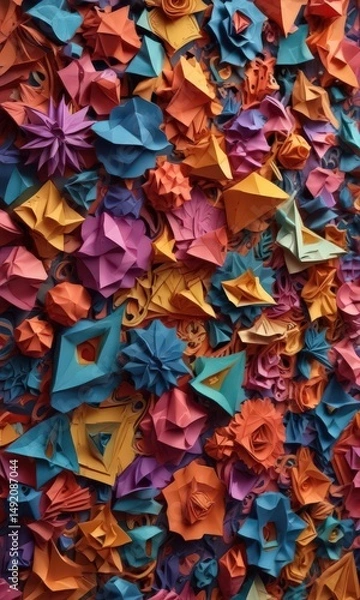 Fototapeta Intricate colorful paper shapes, geometrically arranged  , bright, colorful background