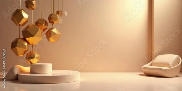 Fototapeta Elegant Golden Geometric Lamps Hanging Above a Minimalist Display Platform and Modern Chair