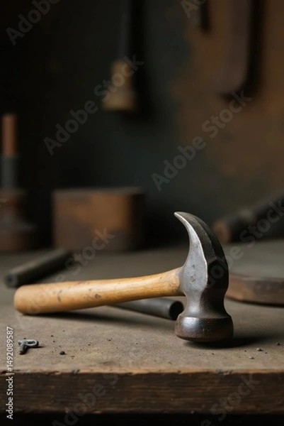Fototapeta A well-worn claw hammer rests on a rustic workbench, surrounded by the quiet tools of a craftsman's past