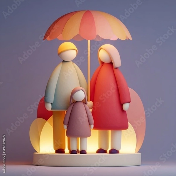 Fototapeta A colorful family figurine under an umbrella, showcasing warmth and togetherness in a playful setting