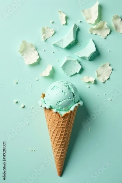 Fototapeta A refreshing scoop of mint ice cream melting in a crispy waffle cone, surrounded by delicate pastel-colored candy pieces on a serene aqua background.