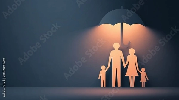 Fototapeta Silhouette of a family under an umbrella with soft lighting, symbolizing protection and unity