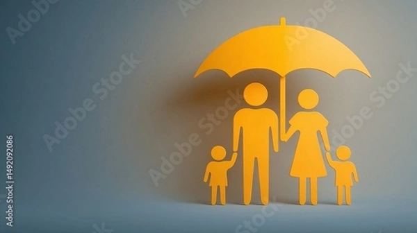 Fototapeta Family silhouette under a yellow umbrella symbolizing protection, against a soft gray background