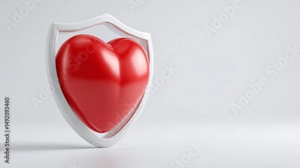 Fototapeta A glossy red heart shield symbolizing protection and love against a minimalistic white background