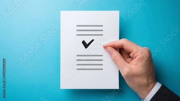 Fototapeta Hand holding a checklist with a checkmark on a blue background, symbolizing task completion and success