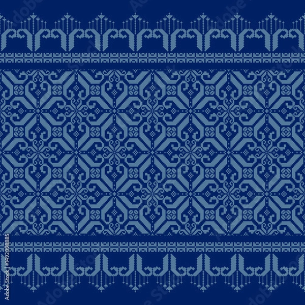 Fototapeta Traditional Thai fabric pattern in dark blue. Ornamental textile design with intricate floral and geometric motifs. Seamless ethnic style perfect for cultural and textile projects.