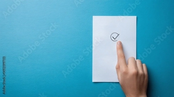 Fototapeta Hand pressing a checkmark on a paper sheet against a blue background, symbolizing approval and decision-making