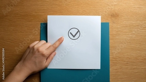 Fototapeta Hand pressing a checkmark on a white sheet of paper atop a teal background, symbolizing approval