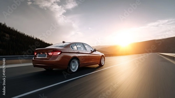 Fototapeta Sleek sedan car driving on highway at sunset with scenic mountain views
