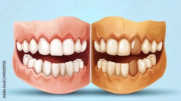 Obraz Comparison of clean and dirty teeth in a vector design promoting brushing, flossing, and dental protection
