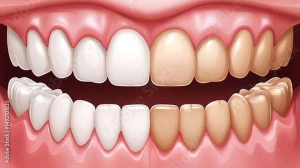 Obraz Comparison of clean and dirty teeth in a vector design promoting brushing, flossing, and dental protection