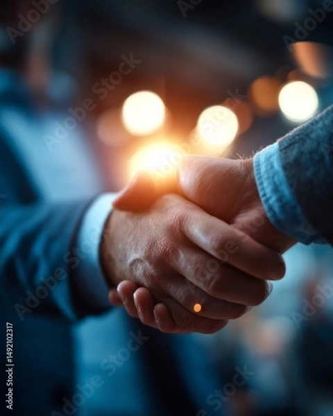 Obraz Close-up of two businesspeople shaking hands in warm light