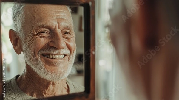 Obraz Elderly patient smiling proudly in front of a mirror after receiving a successful dental implant treatment