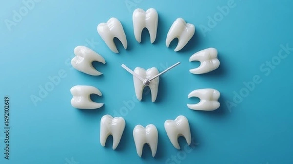 Obraz Human teeth arranged in the form of a clock on a blue background, representing dental care through a medical visual metaphor