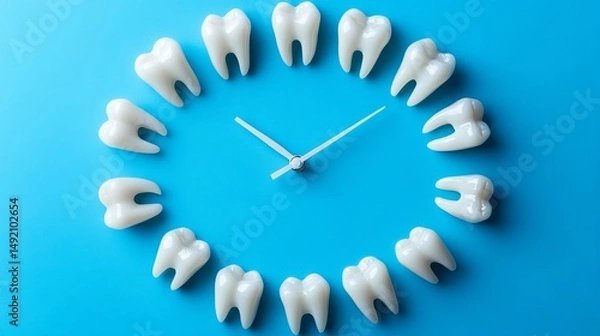 Obraz Human teeth arranged in the form of a clock on a blue background, representing dental care through a medical visual metaphor