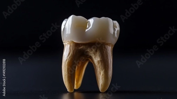 Obraz Macro image of a decayed tooth post-extraction, displayed on a black background to highlight real anatomy