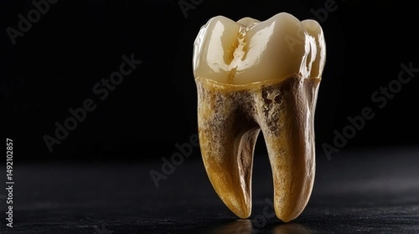 Obraz Macro image of a decayed tooth post-extraction, displayed on a black background to highlight real anatomy