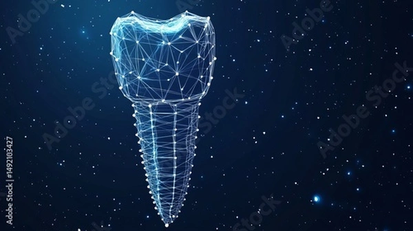 Obraz Stylized icon of a dental implant formed from a low-poly starry wireframe, set against a space-themed backdrop
