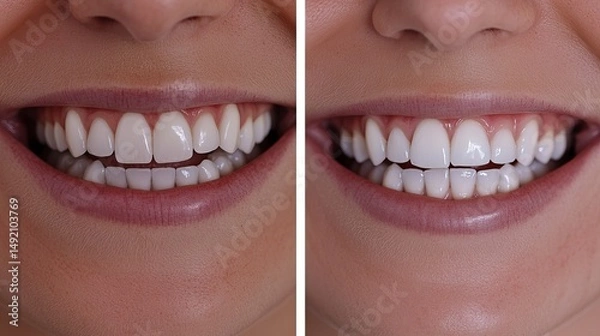 Obraz Woman's smile transformation shown in a close-up before-and-after collage after dental veneer placement