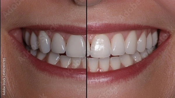 Obraz Woman's smile transformation shown in a close-up before-and-after collage after dental veneer placement