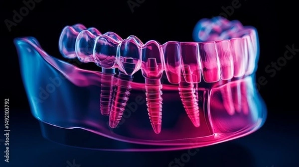 Obraz X-ray rendering of dentures integrated with implants, offering a detailed 3D view