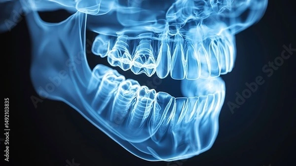 Obraz X-ray rendering of dentures integrated with implants, offering a detailed 3D view