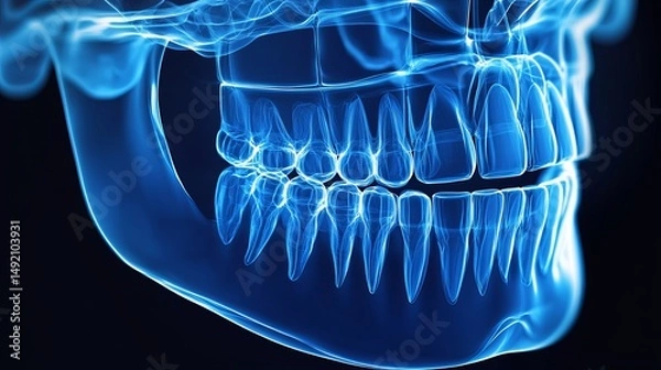 Obraz X-ray rendering of dentures integrated with implants, offering a detailed 3D view