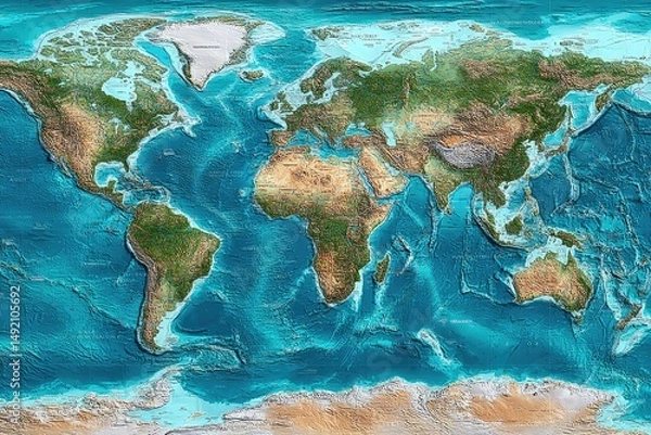 Fototapeta Detailed world map, showing topography and ocean floor