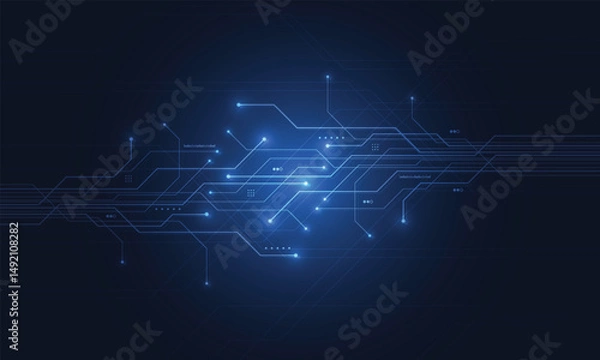 Fototapeta Abstract blue glowing line technology circuit board background design. Communication dot and line speed internet concept. Vector illustration
