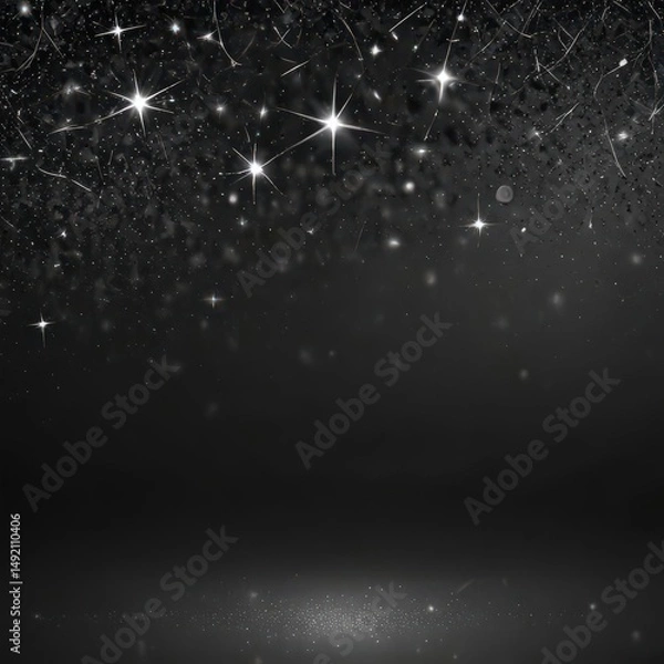 Fototapeta Dark background with silver glittering stars  Twinkling effect, festive design , sparkle, photography