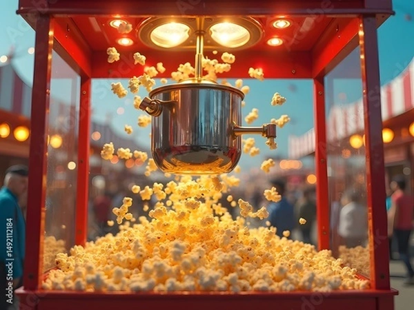 Obraz Popcorn Machine in Action at Carnival Booth: A popcorn machine mid-operation at a vibrant carnival booth, showing freshly popped corn overflowing and the machine glowing with red and yellow lights.