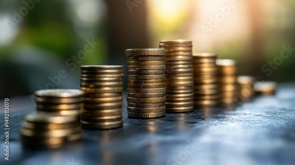 Obraz Stacked coins in increasing order on sunlit outdoor surface