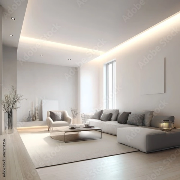Fototapeta Modern living room with neutral tones, clean lines, and ambient lighting for a sophisticated feel.