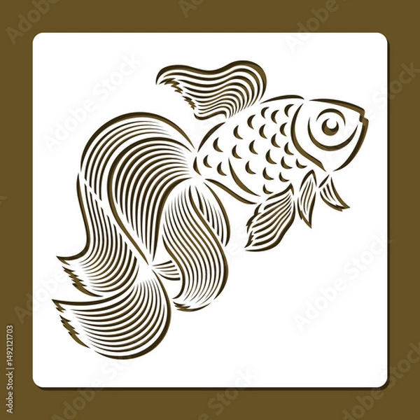 Fototapeta Square stencil with fish. Openwork goldfish with a large beautiful tail, fins, scales. Template for plotter laser cutting of paper, fretwork, wood carving, metal engraving, cnc. Vector illustration.