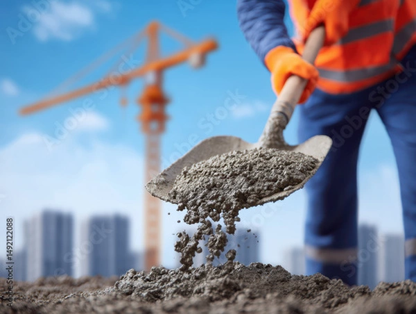 Fototapeta Construction worker shoveling wet concrete at building site with crane and city skyline in background