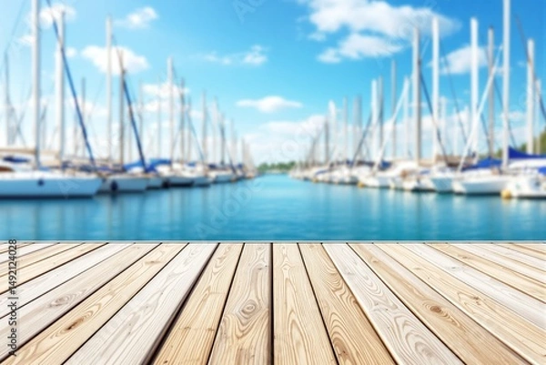 Fototapeta Wooden deck foreground with blurred marina full of yachts and sailboats in the background, sunny weather, peaceful summer vacation concept. Ai generative