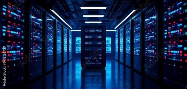 Fototapeta Dark server room icon depicting abstract data blocks, symbolizing website hosting and database data center,  icon,  memory