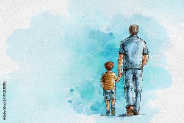Fototapeta Fathers' Day card with cute watercolor sketch illustration of dad with son standing together, copy space for poster or social media. High quality