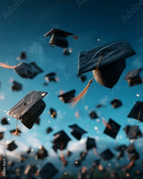 Obraz Group of graduation caps flying through the air against a clear sky