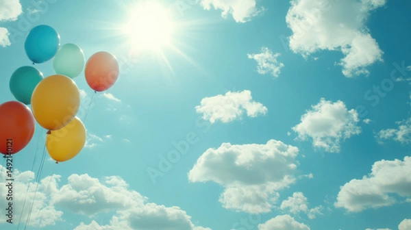 Obraz Sunny day scene with colorful balloons floating in the blue sky, birthday party decoration background offering copy space for text and greeting card design with sun flare effects in a real photo.