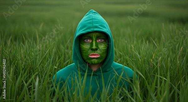 Obraz green,  hooded figure,  grass, Green Hooded Figure in Grass Field