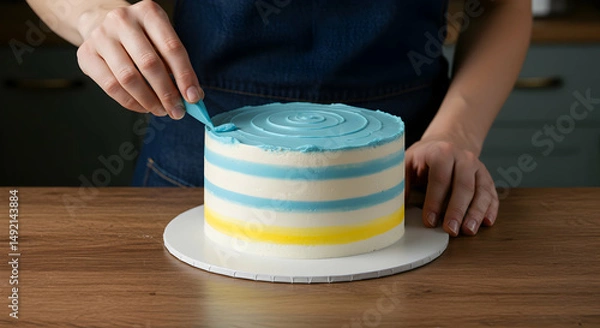 Obraz cake,  baking,  dessert, Woman's hands decorating a cake with blue and yellow frosting