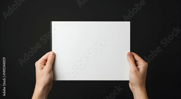 Obraz hands,  holding,  blank, Hands Holding Blank White Paper Against Black Background