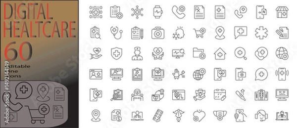 Fototapeta digital healthcare line editable icon set. Editable stroke. Vector illustration