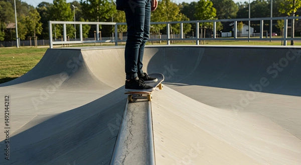 Obraz skateboarder,  skateboarding,  skate park, Skateboarder Balancing on Ramp at Skate Park